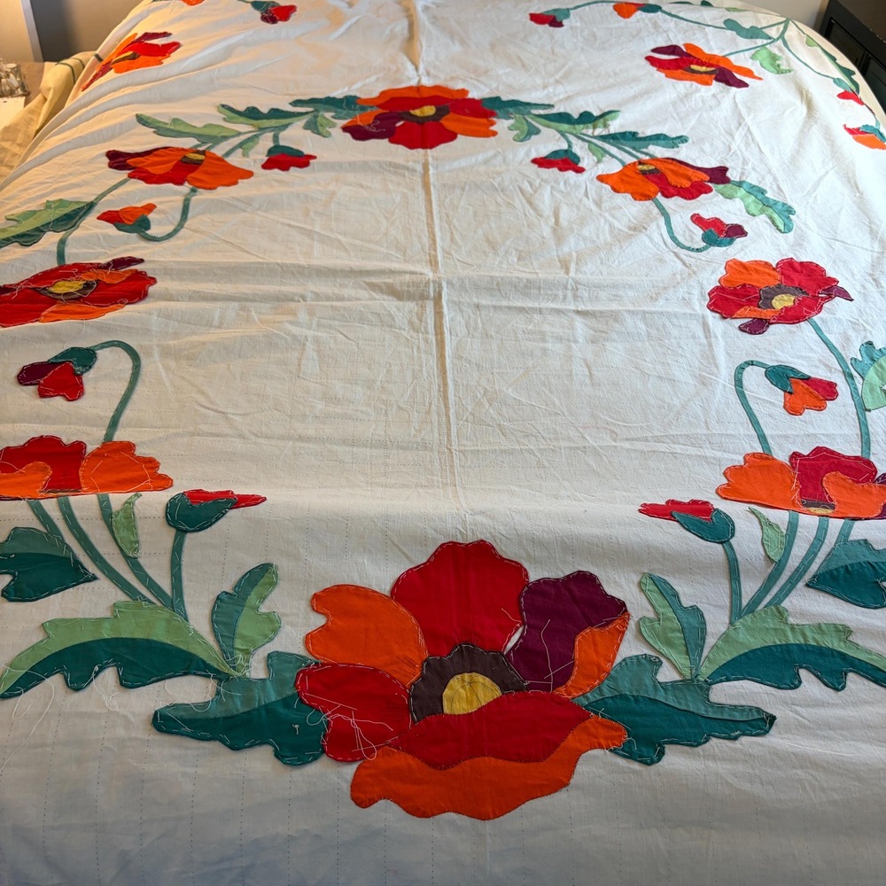 Vintage Progress Poppy Wreath Quilt Top Unfinished Appliqué Pre Stamped